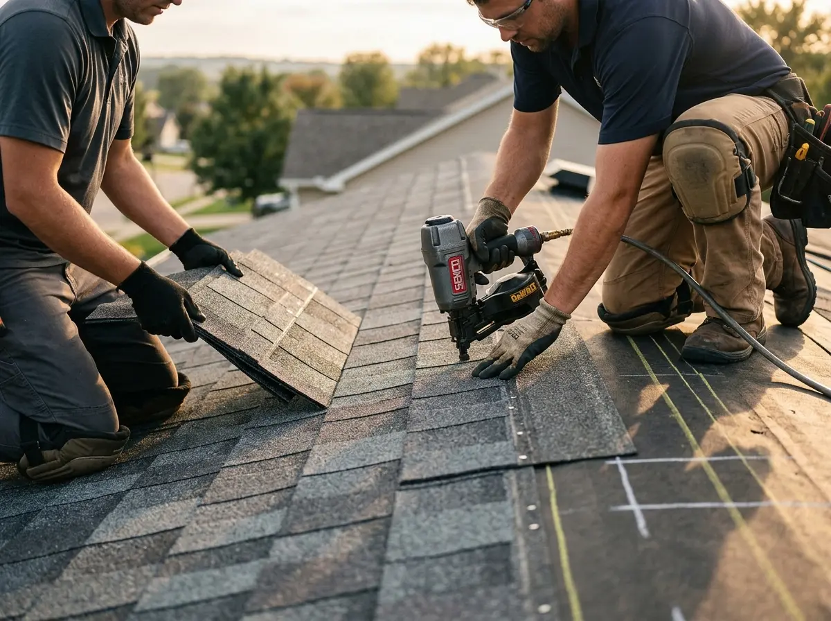 Professional roofer working on a residential roof in Courtland